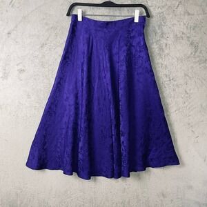 Papell Too 100% Silk Jacquard Midi Skirt Purple Floral A-Line Side Zip Size 10